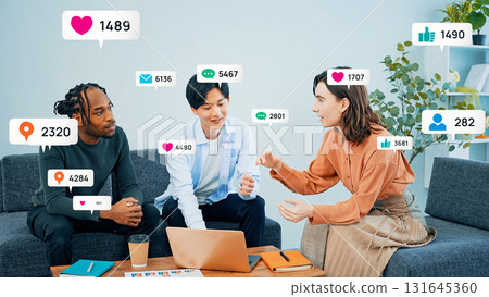 Multinational group talking in office and social network 131645360