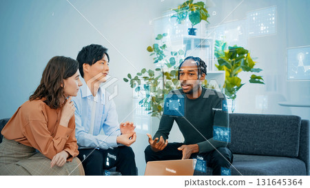 Multinational group and digital technology talking in office Multinational group and digital technology talking in office 131645364