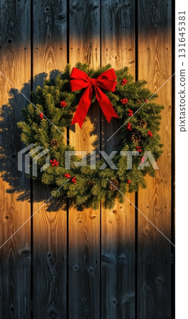 Rustic Farmhouse Christmas Wreath with a Red Bow on a Weathered Barn Wood Door at Sunset Rustic Farmhouse Christmas Wreath with a Red Bow on a Weathered Barn Wood Door at Sunset 131645381