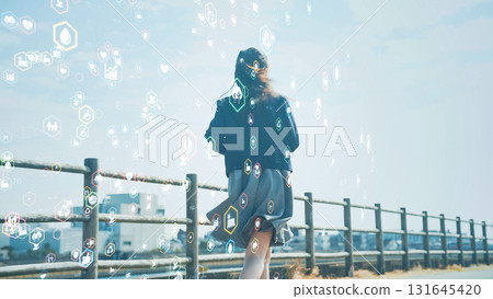 A girl running under the blue sky and environmental technology A girl running under the blue sky and environmental technology 131645420