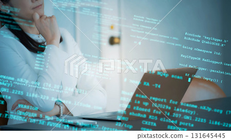 Image of a woman thinking in an office and programming 131645445