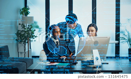 Group of multinational business people meeting in office and global network 131645475