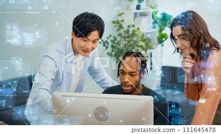 Multinational group and digital technology talking in office 131645478