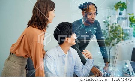 Multinational group and digital technology talking in office 131645479