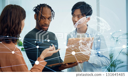 Multinational group and global network talking in office 131645485
