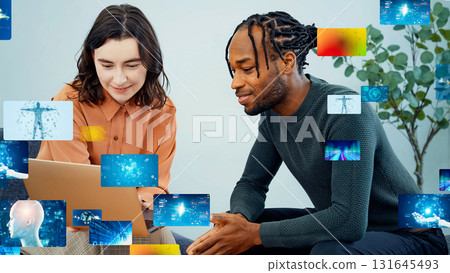 Multinational group talking in office and digital content Multinational group talking in office and digital content 131645493