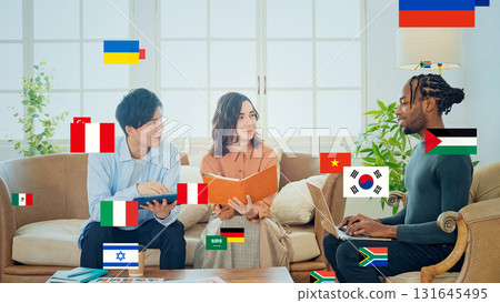 Multinational group and flags having a conversation in the office Multinational group and flags having a conversation in the office 131645495