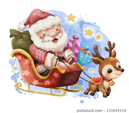 Watercolor cartoon illustration of santa claus in his sleigh, pulled by a smiling reindeer. The sleigh is full of colorful Christmas gifts and a sack of toys. Hand drawn digital painting . 131645519