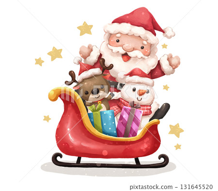Watercolor cartoon illustration of santa claus and his sleigh is full of colorful Christmas gifts . Reindeer and snowman beside him . Hand drawn digital painting . Isolate white background . Watercolor cartoon illustration of santa claus and his sleigh is full of colorful Christmas gifts . Reindeer and snowman beside him . Hand drawn digital painting . Isolate white background . 131645520