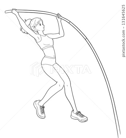 一個女孩撐竿跳的黑白插圖 一個女孩撐竿跳的黑白插圖 131645625