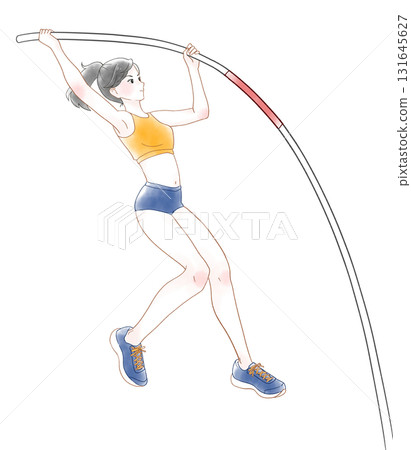 Watercolor illustration of a girl pole vaulting Watercolor illustration of a girl pole vaulting 131645627