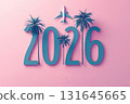 Bold 2026 typography with palm trees and an airplane on a pastel pink background, symbolizing tropical travel, vacations, and a bright new year full of adventure 131645665