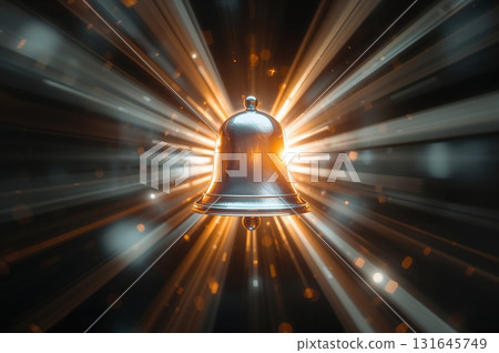 Metallic glowing notification bell radiates brilliant beams across dark background 131645749