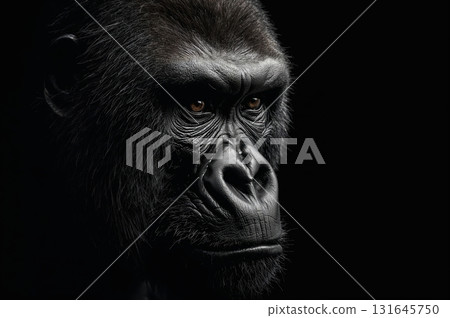 Close-up gorilla portrait reveals textured wrinkles and coarse dark fur 131645750