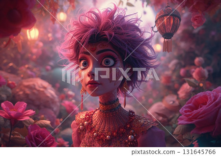Whimsical pink-haired character in ornate gown beneath glowing lanterns in garden 131645766