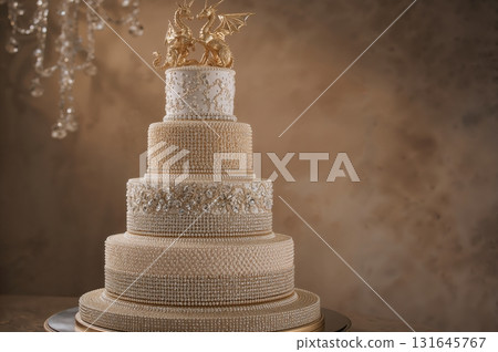Opulent multi-tiered cake adorned with diamonds, pearls, and mythic golden creatures 131645767