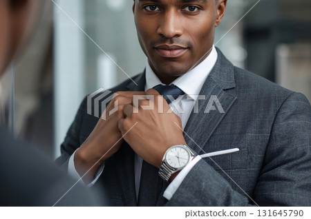 Confident man adjusts tie in mirror wearing charcoal suit and watch 131645790