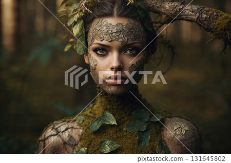 Avant-garde forest spirit body art with bark textures and moss 131645802