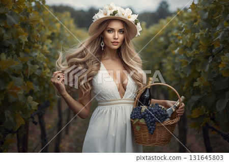 Radiant woman in vineyard holding grapes and wine with joyful elegance 131645803