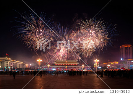 Fireworks in the night sky over China Square. Asia, China. National holidays. 131645913