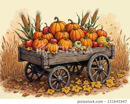 Autumn harvest wagon full of pumpkins, apples, and corn 131645947
