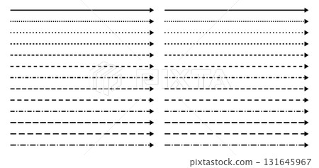 Long arrow line. Straight vector thin icon up or down. Horizontal dotted elements. Dash path to indicate direction. Long arrow line. Straight vector thin icon up or down. Horizontal dotted elements. Dash path to indicate direction. 131645967