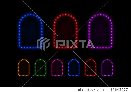 Light neon bulbs frame arch. Glow border with led lamps. Vector set for billboard, cinema and party decoration design. Light neon bulbs frame arch. Glow border with led lamps. Vector set for billboard, cinema and party decoration design. 131645977