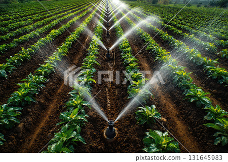 Small green bushes of plants on a plantation with an automatic irrigation system during watering. Water sprays from a pipe irrigate the plants in the field. 131645983