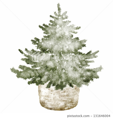 Watercolor Christmas tree in wicker basket, hand drawn illustration. Isolated evergreen fir tree for holiday design, greeting cards, and New Year templates. 131646004