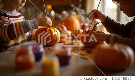 A close-up shows children's hands using paintbrushes to decorate orange pumpkins with vibrant acrylic colors. This captures autumn craft, seasonal fun, and childhood creativity. Arayabandit 131646035