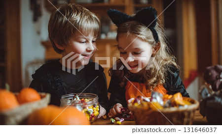 A happy little girl and boy are excitedly searching for and finding candy treats inside small painted pumpkins. This captures Halloween fun, childhood games, and autumn celebration. Arayabandit A happy little girl and boy are excitedly searching for and finding candy treats inside small painted pumpkins. This captures Halloween fun, childhood games, and autumn celebration. Arayabandit 131646037