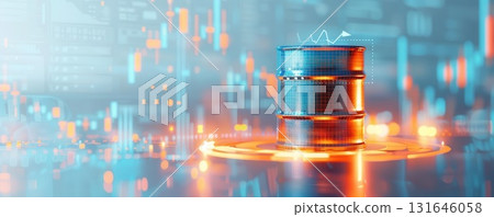 Oil barrel on a glowing platform against a background of financial data. 131646058