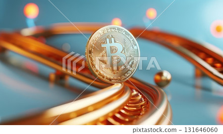 Bitcoin cryptocurrency coin on a golden rollercoaster track. 131646060