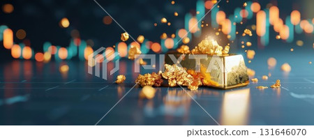 Golden treasure chest with glowing bokeh lights. 131646070