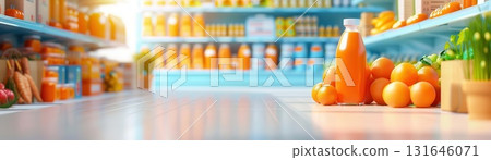 Closeup of fresh oranges in front of a supermarket shelf with juice bottles. Closeup of fresh oranges in front of a supermarket shelf with juice bottles. 131646071