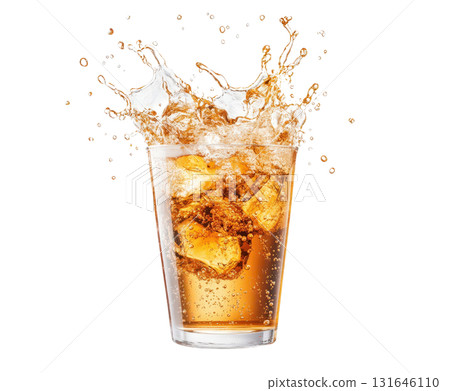 Closeup view of a carbonated beverage splashing and spilling out of a transparent glass filled with ice cubes creating an energizing and refreshing atmosphere 131646110