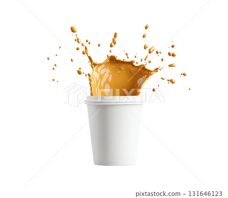 Splashing amber colored coffee or tea drink with creamy froth and bubbles spilling out of a white ceramic cup on an isolated white background Splashing amber colored coffee or tea drink with creamy froth and bubbles spilling out of a white ceramic cup on an isolated white background 131646123