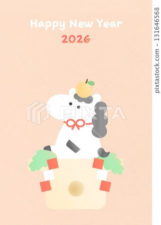 可愛的手繪新年賀卡模板,馬變成了鏡餅(粉紅色) 可愛的手繪新年賀卡模板,馬變成了鏡餅(粉紅色) 131646568