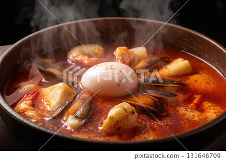 Bubbling Korean sundubu jjigae with seafood tofu egg in fiery aromatic clay pot Bubbling Korean sundubu jjigae with seafood tofu egg in fiery aromatic clay pot 131646709