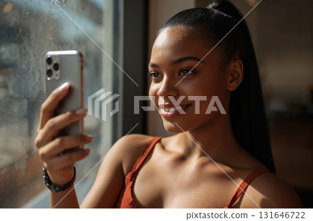 Smiling young woman films confident vertical video near glowing sunlit cafe window 131646722