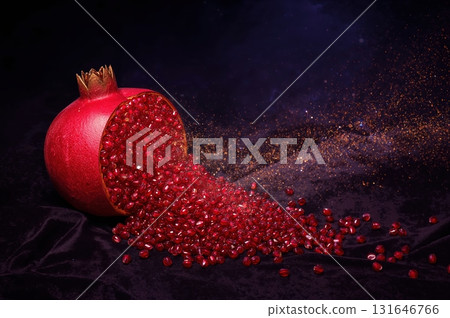 Juicy pomegranate bursts into glowing cosmic meteors across deep night sky 131646766