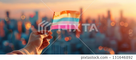 Hand holding a transgender pride flag waving in the sunset. 131646892