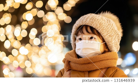 Thoughtful young girl wearing a protective face mask standing in a crowded urban environment decorated with festive holiday lights conveying a sense of wonder and curiosity about her surroundings Thoughtful young girl wearing a protective face mask standing in a crowded urban environment decorated with festive holiday lights conveying a sense of wonder and curiosity about her surroundings 131646939