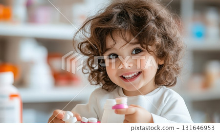 Cheerful Child Taking Medicine From Colorful Spoon While Smiling Happily in Home Setting Concept of Healthcare Wellness and Pediatric Nutrition Cheerful Child Taking Medicine From Colorful Spoon While Smiling Happily in Home Setting Concept of Healthcare Wellness and Pediatric Nutrition 131646953
