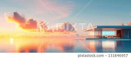 Modern house with infinity pool at sunset. 131646957