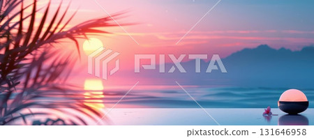 Silhouette of a palm tree against a vibrant sunset sky, with a peaceful ocean and a glowing sphere in the foreground. 131646958