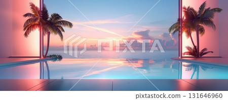 Sunset view from a pool with palm trees 131646960