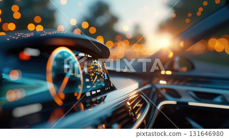 Close up view of a modern car dashboard with a speedometer and digital display 131646980