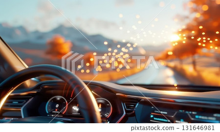 Close up of a car's interior with a scenic view of a road through fall foliage, illuminated by the warm glow of the setting sun. 131646981