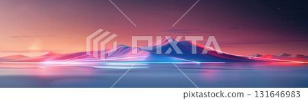 Digital illustration of a tropical beach with bioluminescent waves, dark sky, neon highlights, surreal atmosphere 131646983